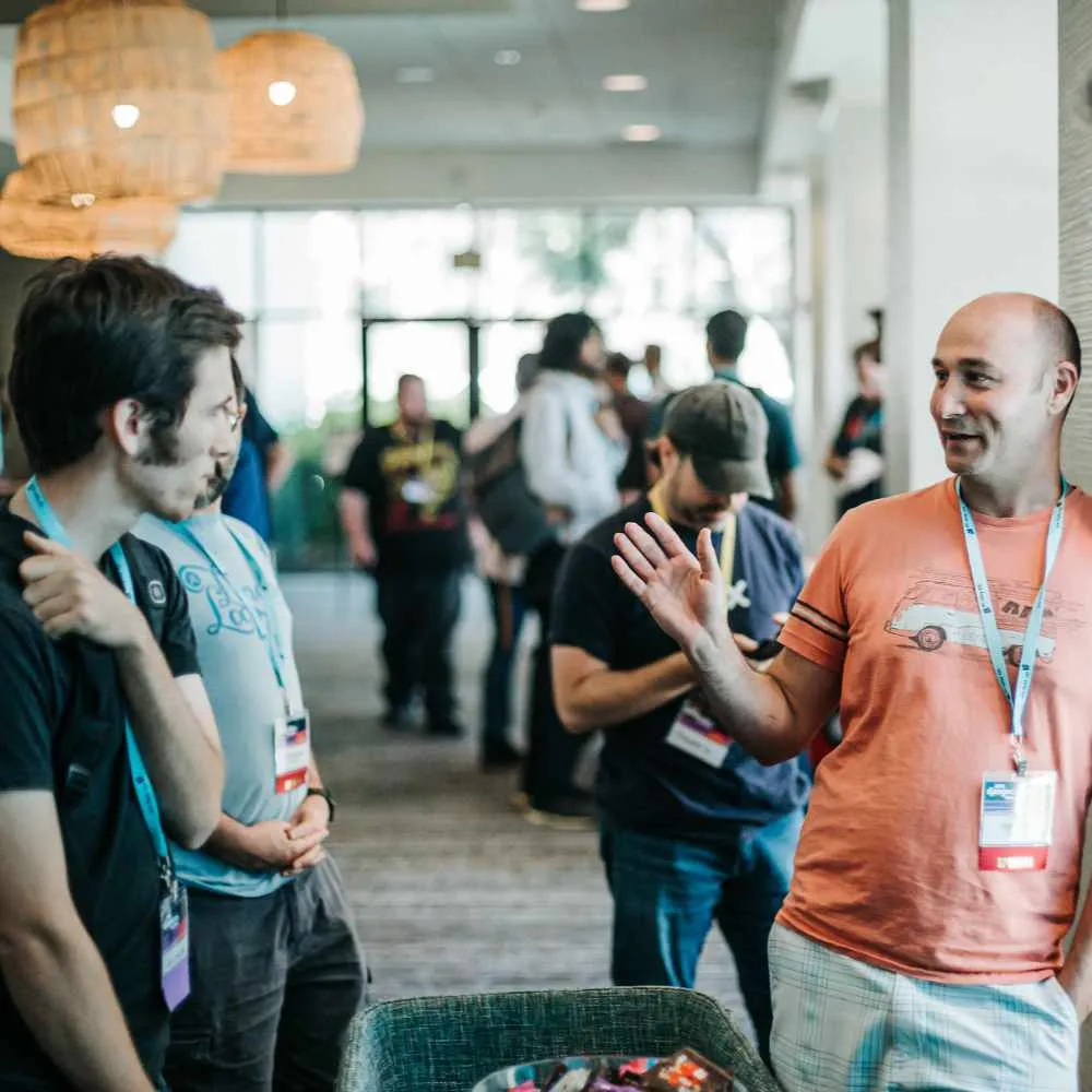 Yann Malet speaking with developers at DjangoCon